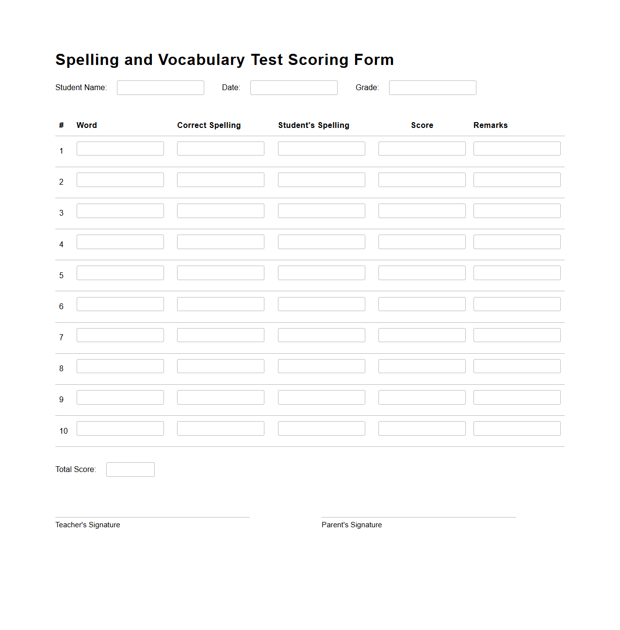 Spelling and Vocabulary Test Scoring Form