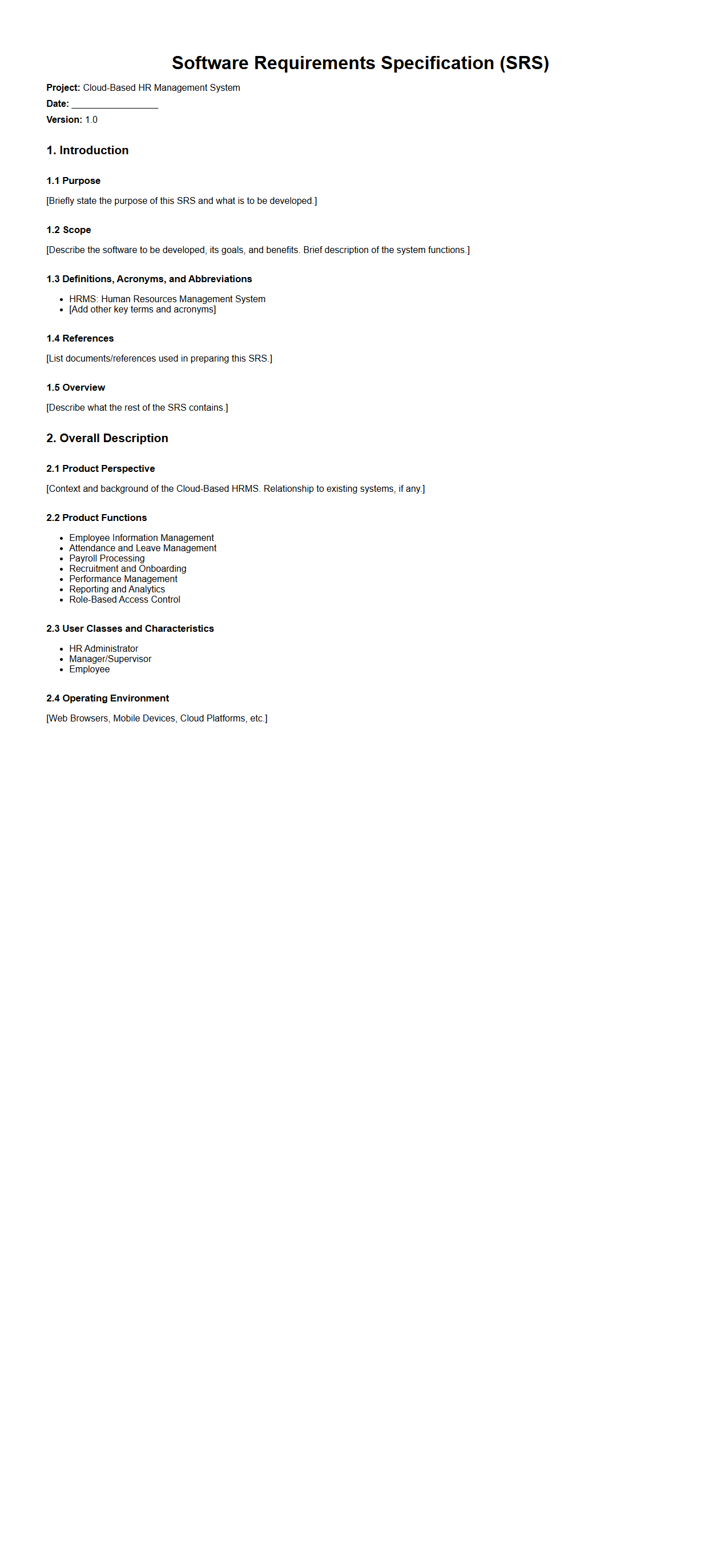 SRS Format for Cloud-Based HR Management Systems
