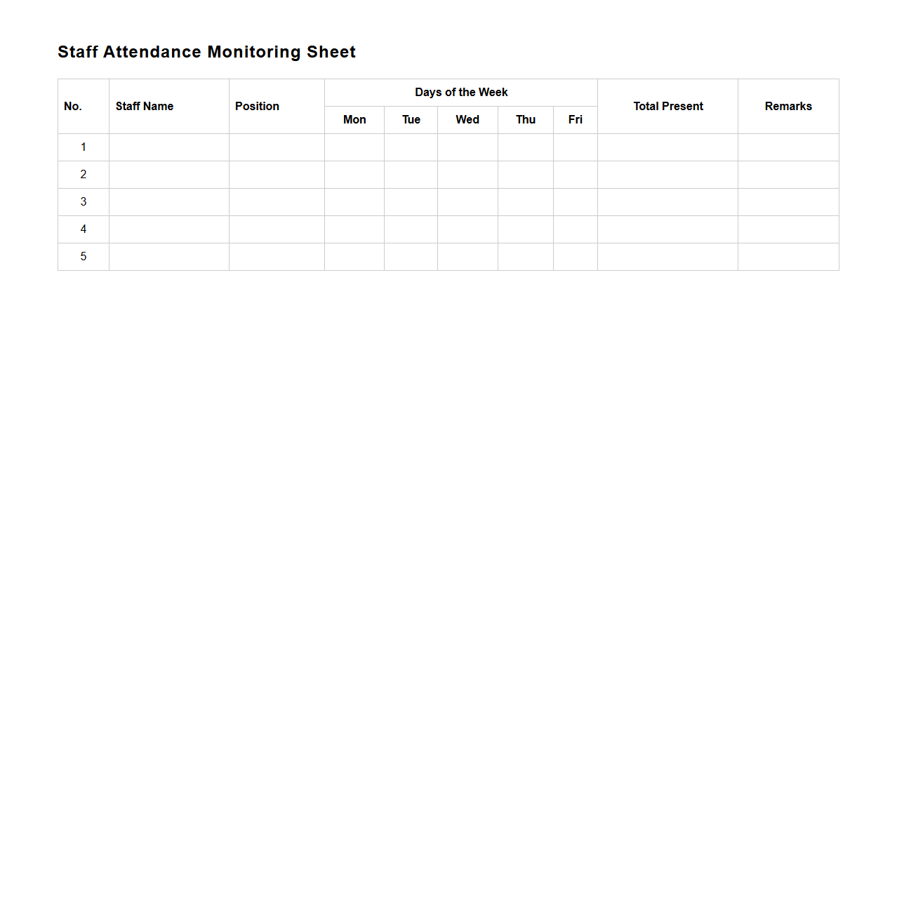 Staff Attendance Monitoring Sheet Pattern