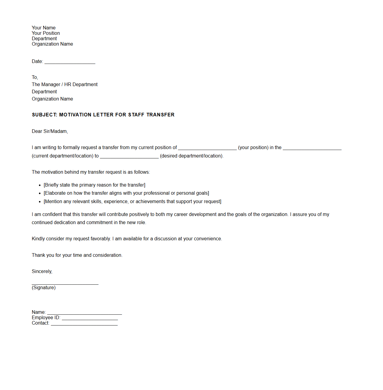 Staff Transfer Motivation Letter Template