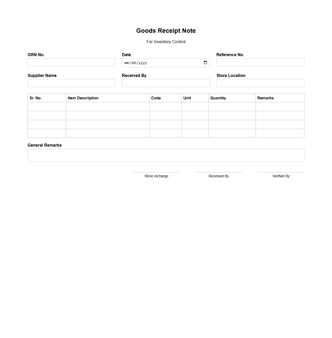 Standard Goods Receipt Note Format for Inventory Control
