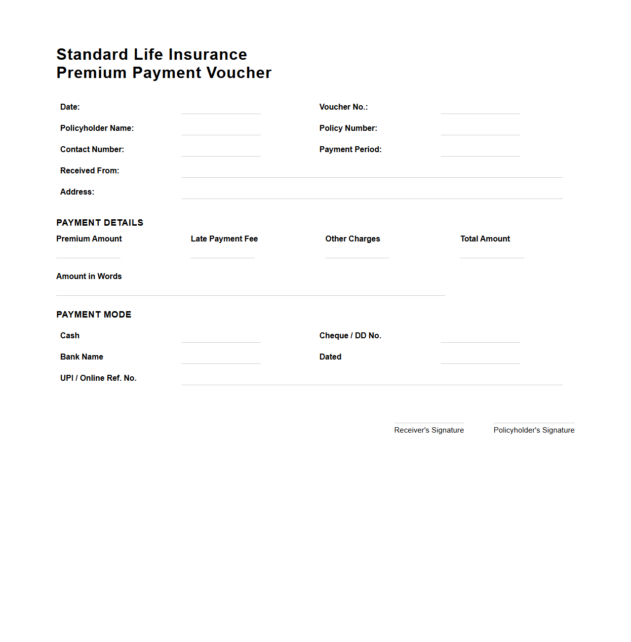 Standard Life Insurance Premium Payment Voucher
