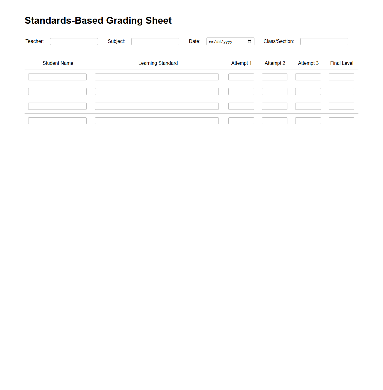 Standards-Based Grading Sheet for Educators