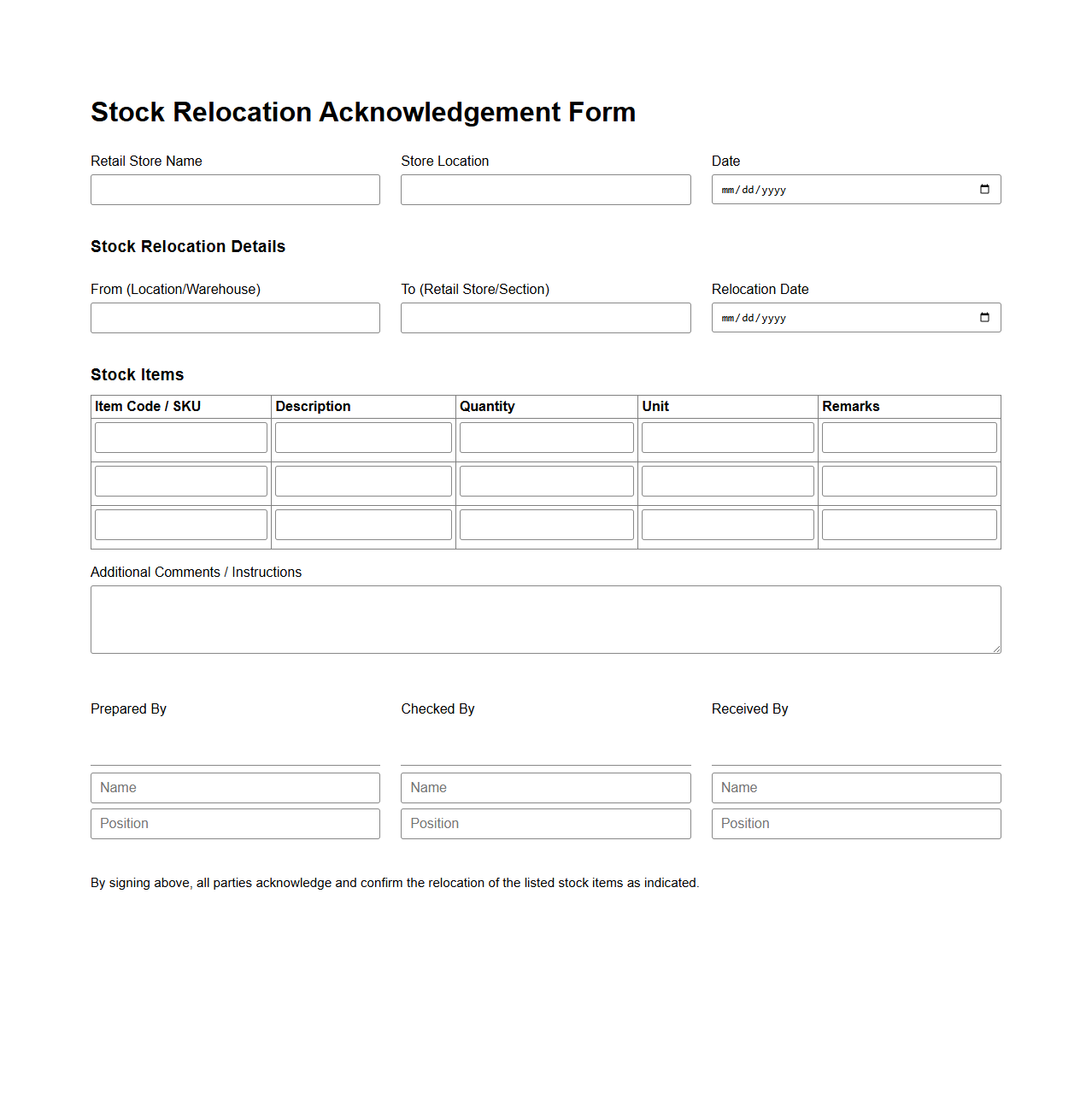 Stock Relocation Acknowledgement Form for Retail Stores