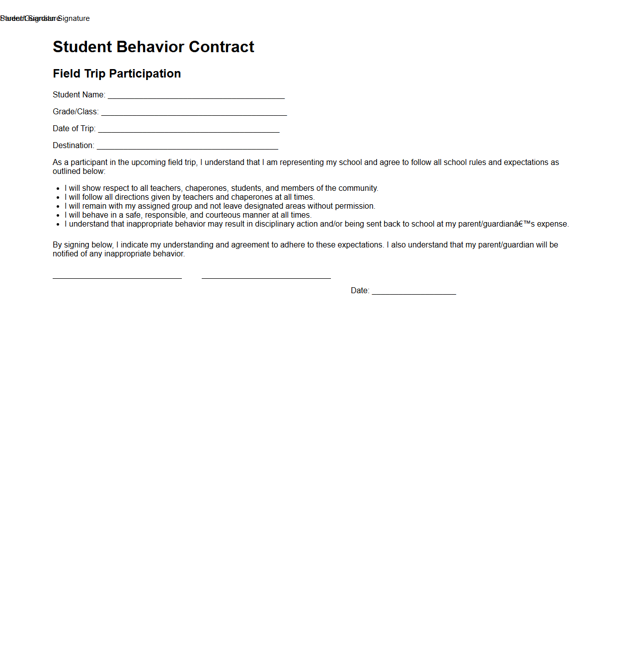 Student Behavior Contract for Field Trip Participation