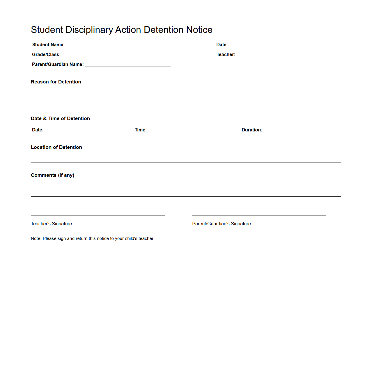Student Disciplinary Action Detention Notice