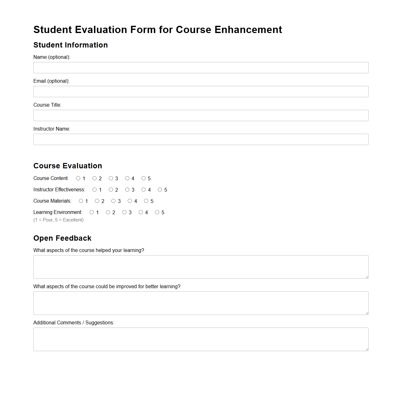 Student Evaluation Form for Course Enhancement