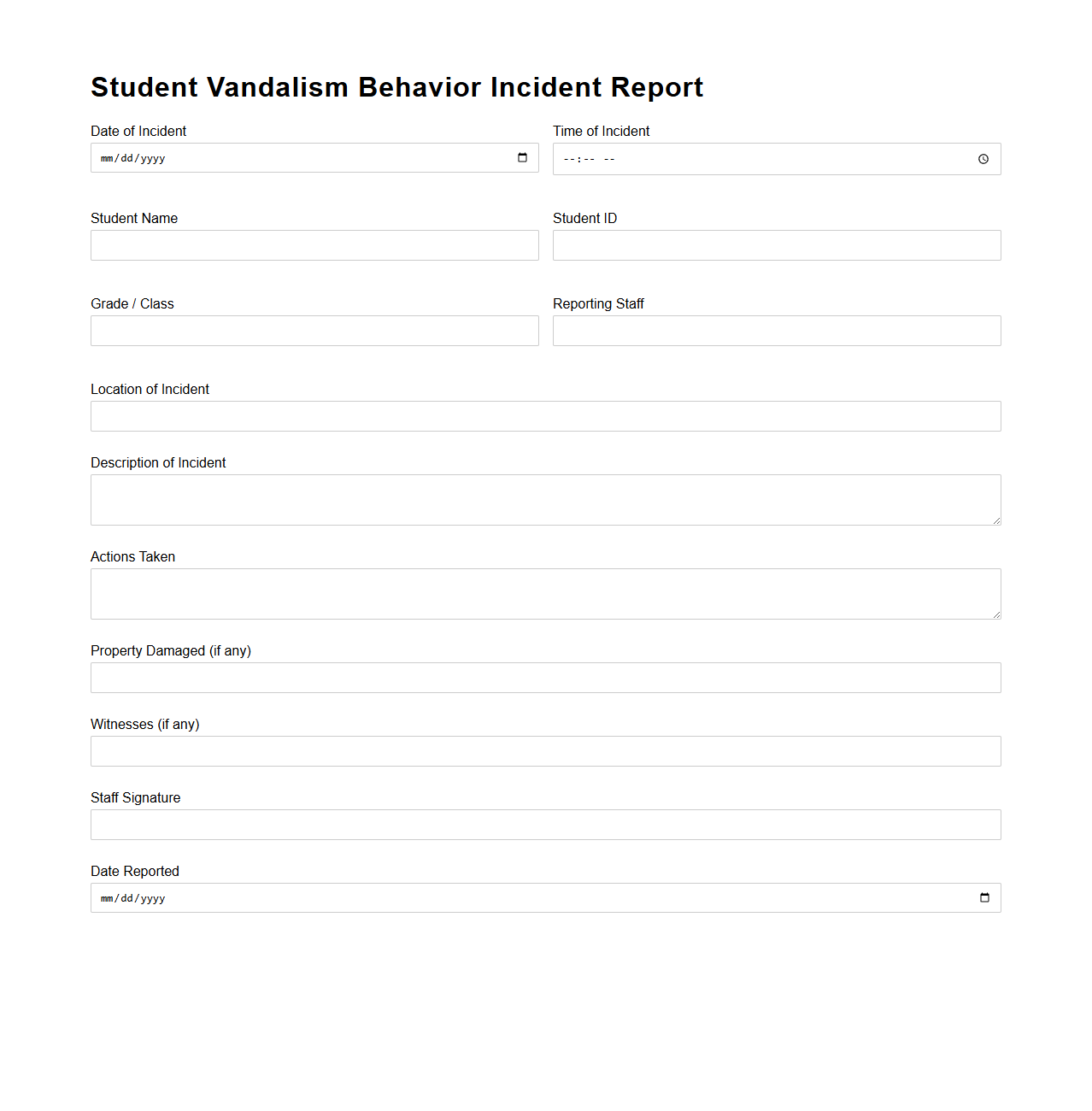 Student Vandalism Behavior Incident Report
