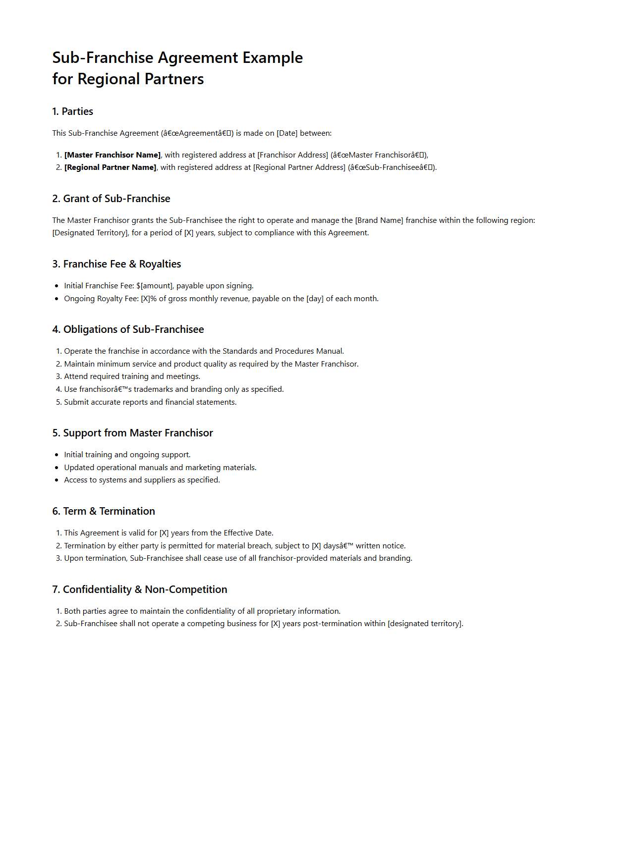 Sub-Franchise Agreement Example for Regional Partners