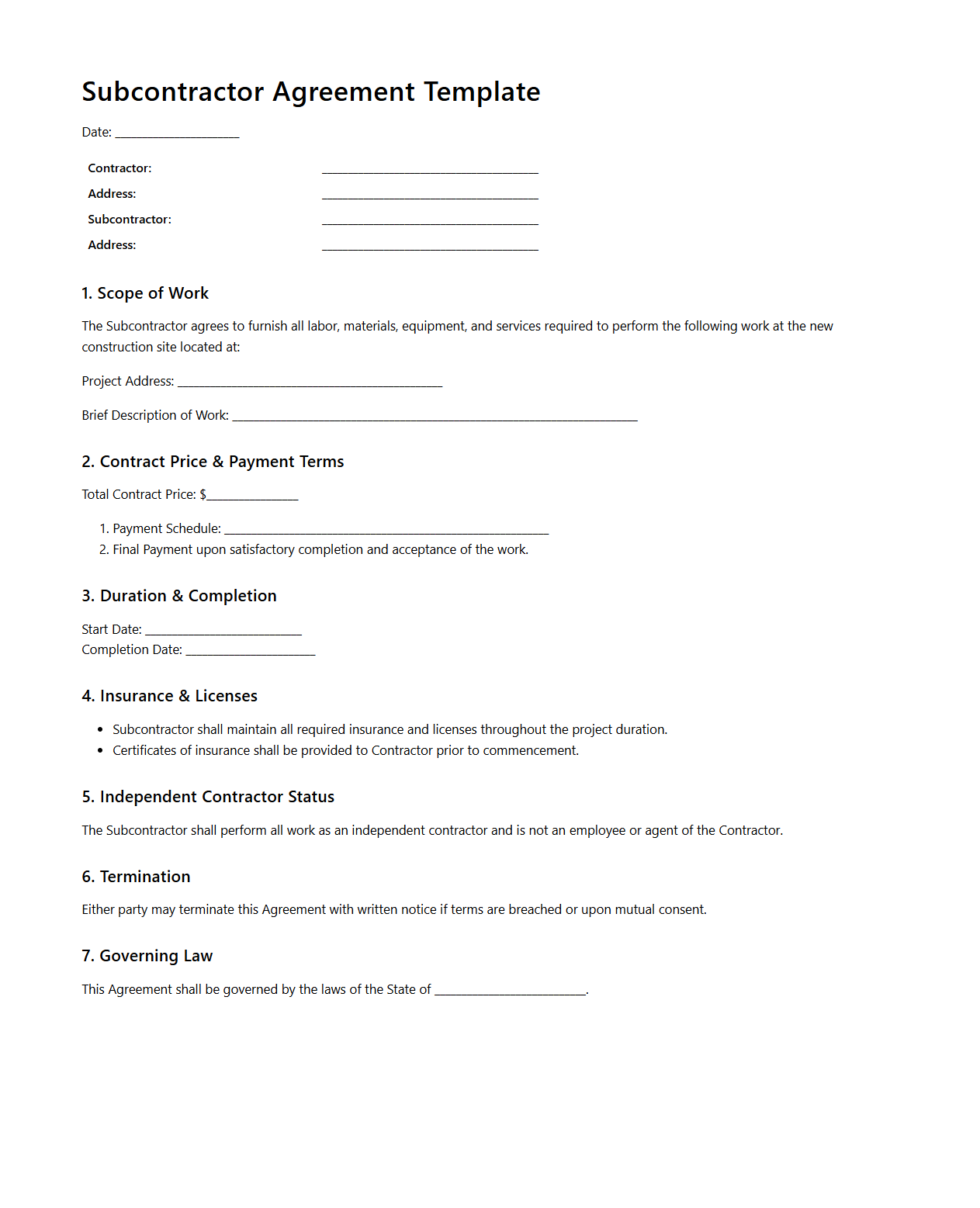 Subcontractor Agreement Template for New Construction Sites
