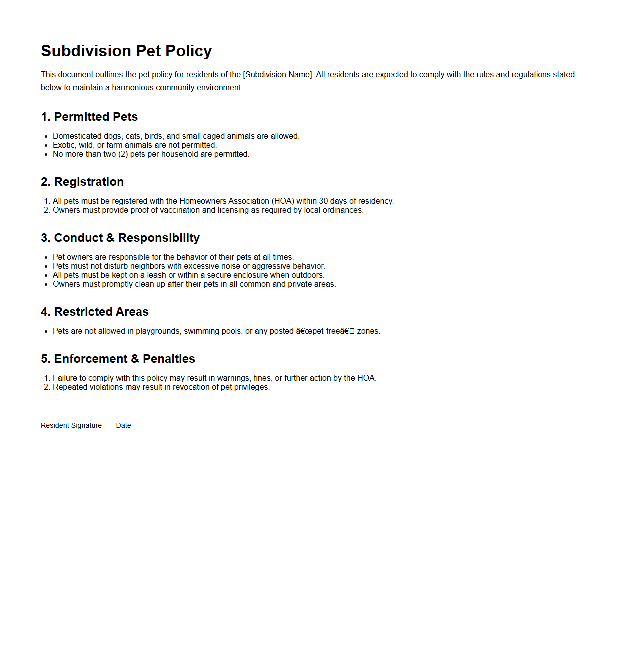 Subdivision Pet Policy Document Sample