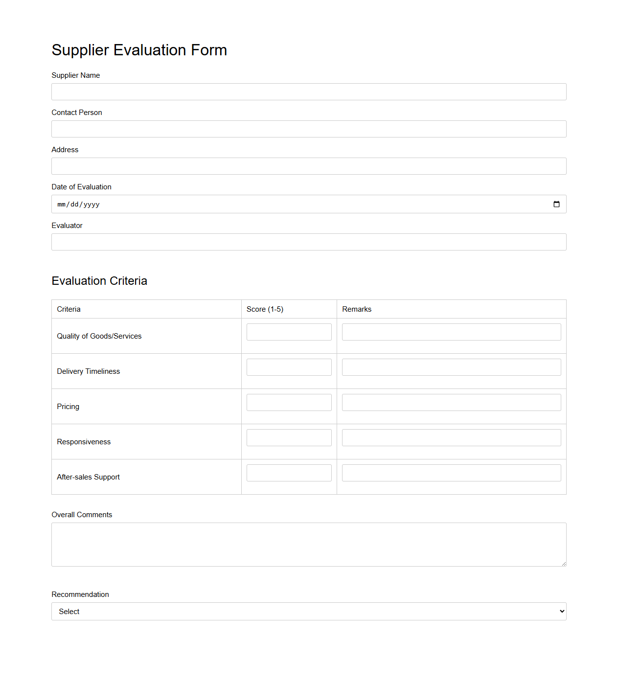 Supplier Evaluation Form