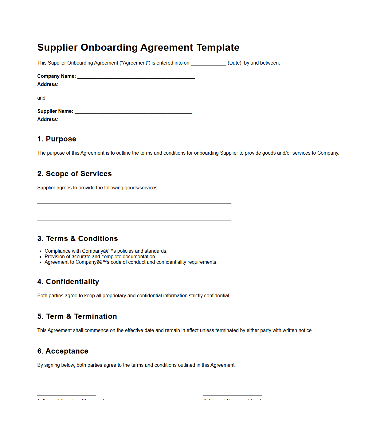 Supplier Onboarding Agreement Template