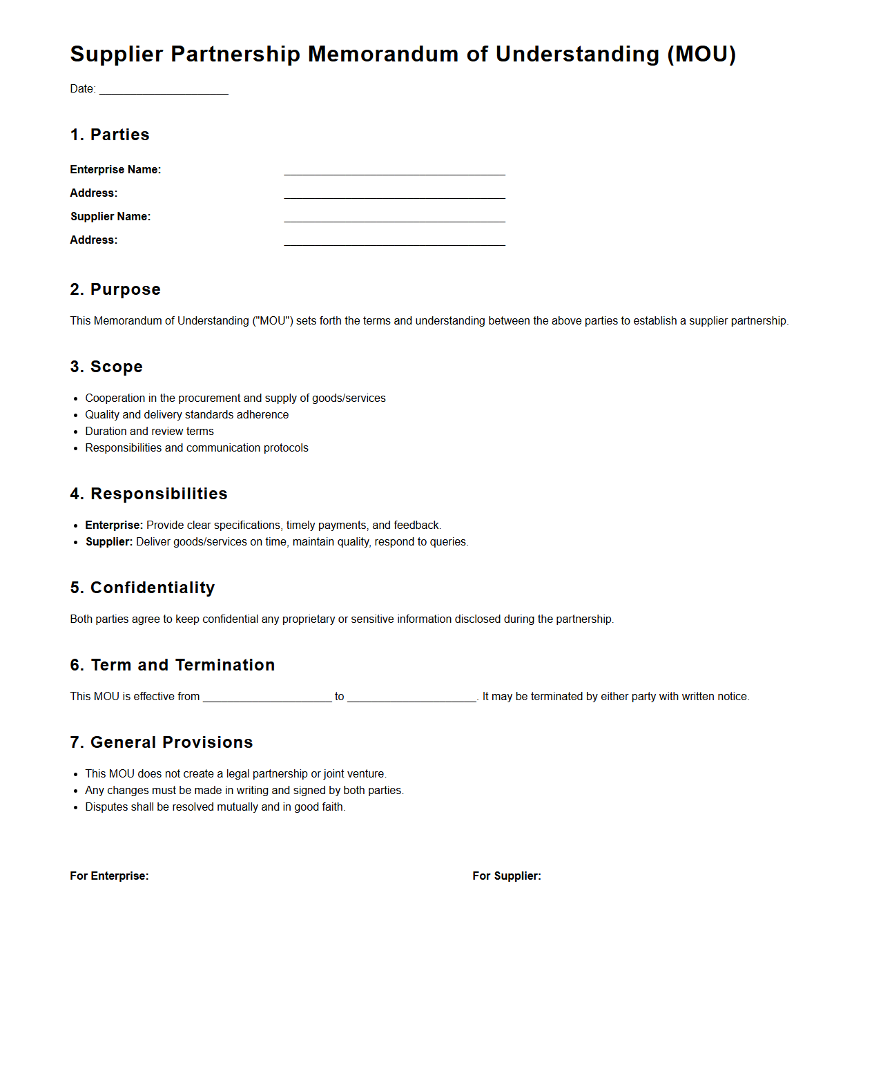 Supplier Partnership MOU Document for Enterprises