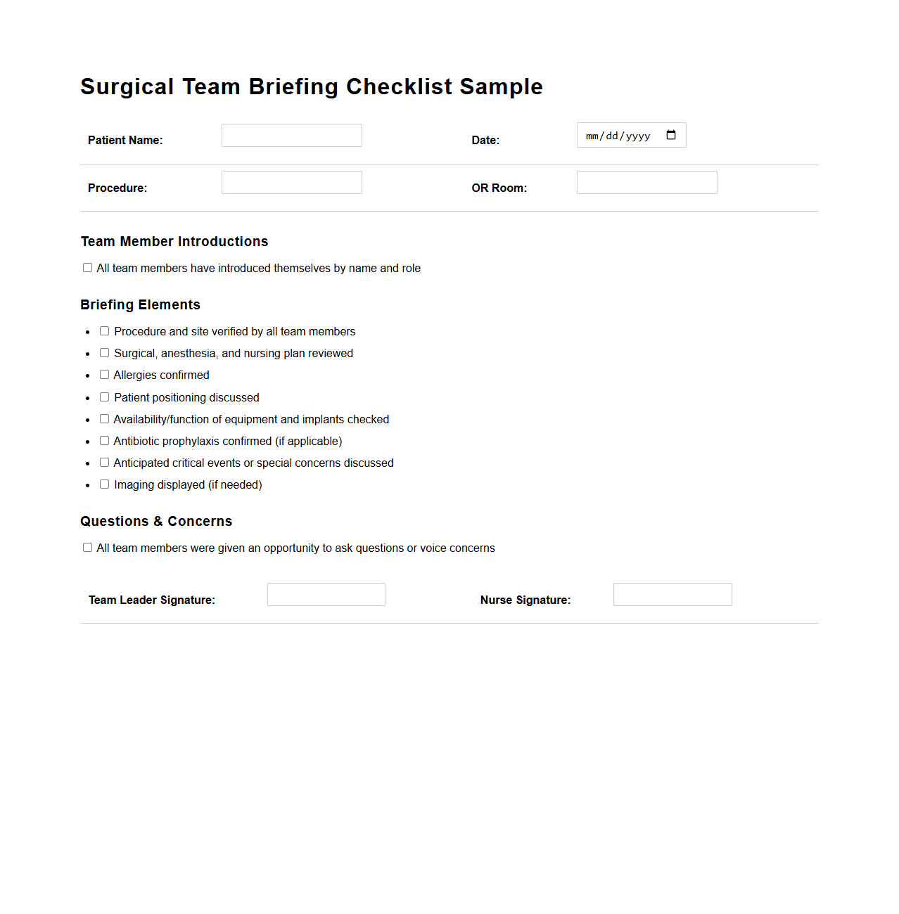 Surgical Team Briefing Checklist Sample for Operating Room