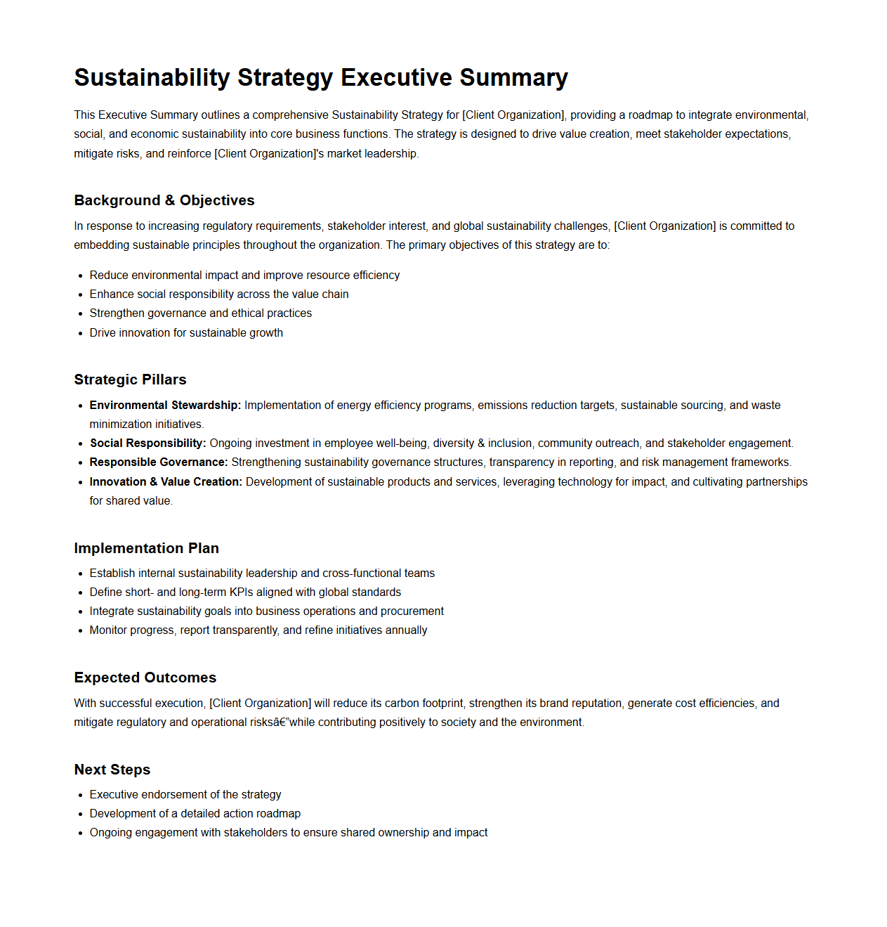 Sustainability Strategy Executive Summary Sample for Consulting