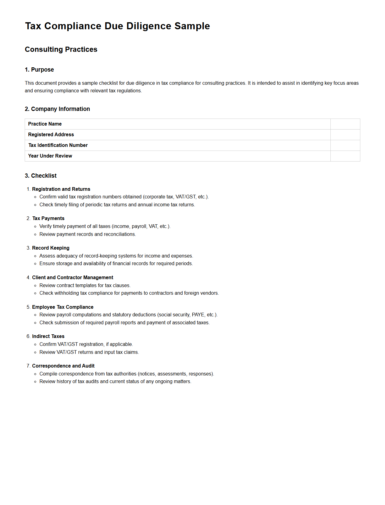 Tax Compliance Due Diligence Sample for Consulting Practices