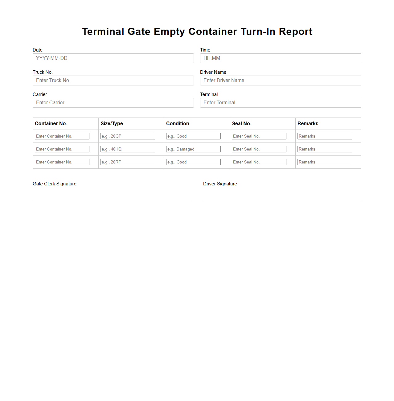 Terminal Gate Empty Container Turn-In Report