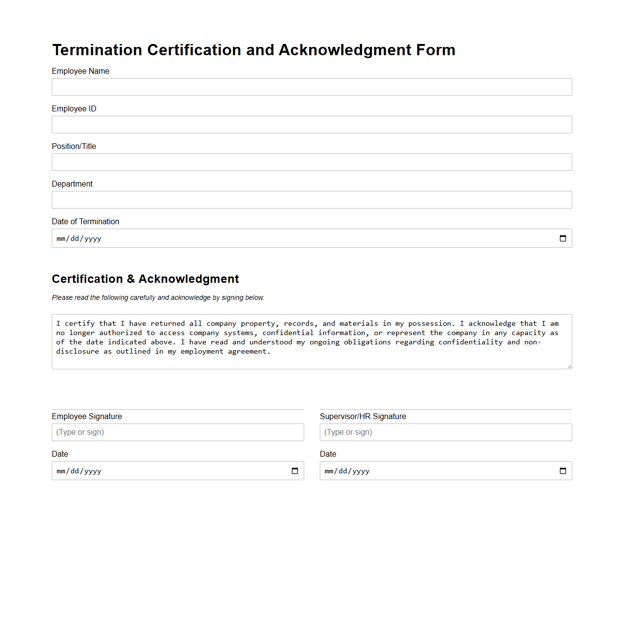 Termination Certification and Acknowledgment Form