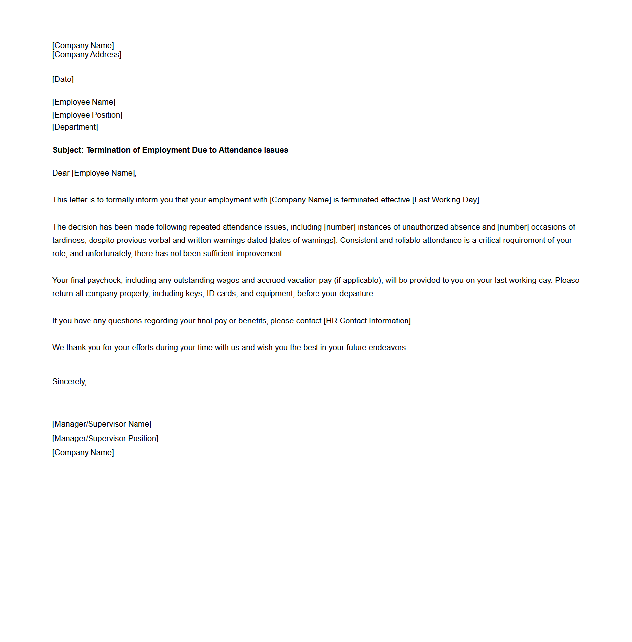 Termination Letter for Attendance Issues
