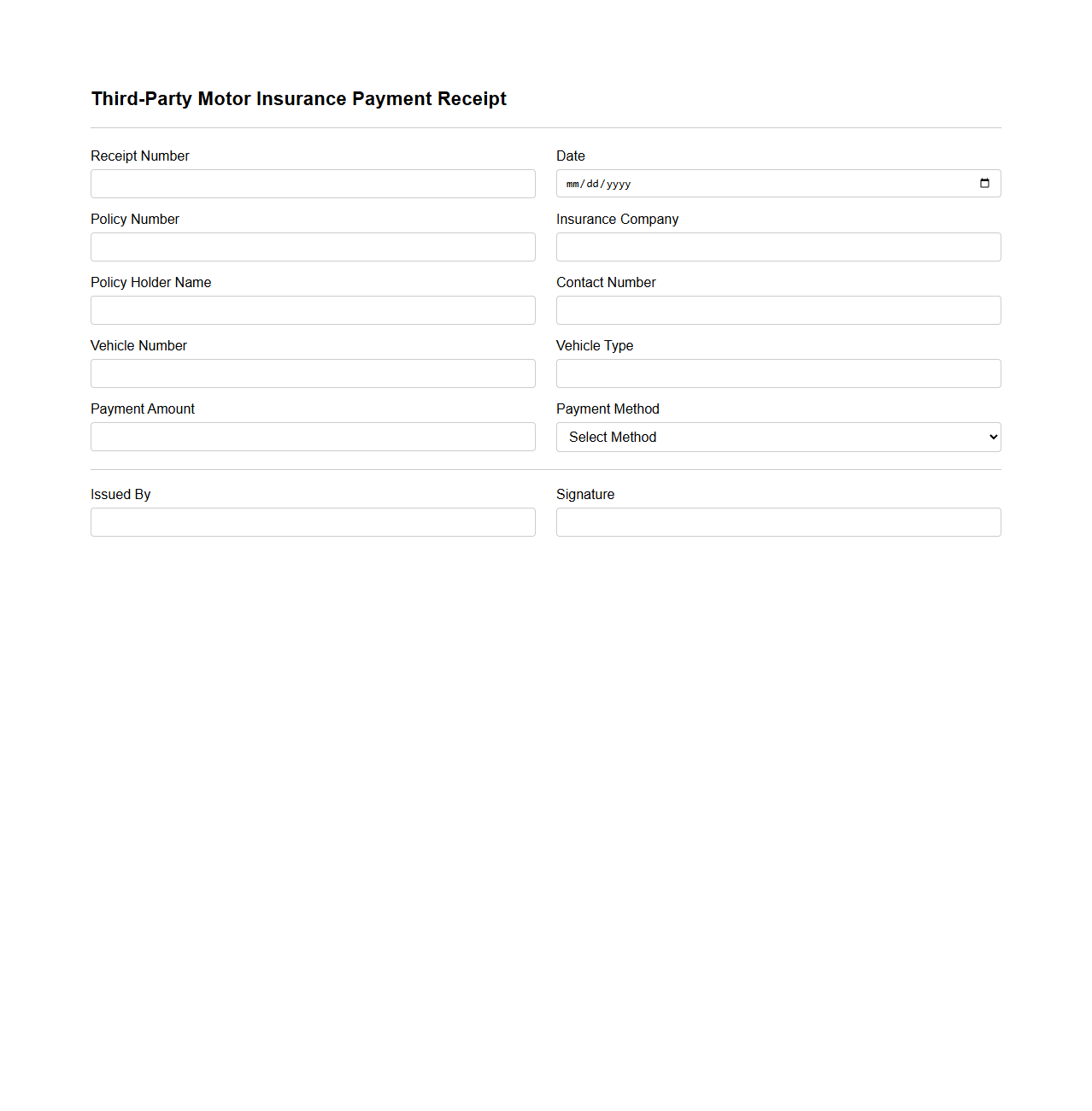 Third-Party Motor Insurance Payment Receipt Form