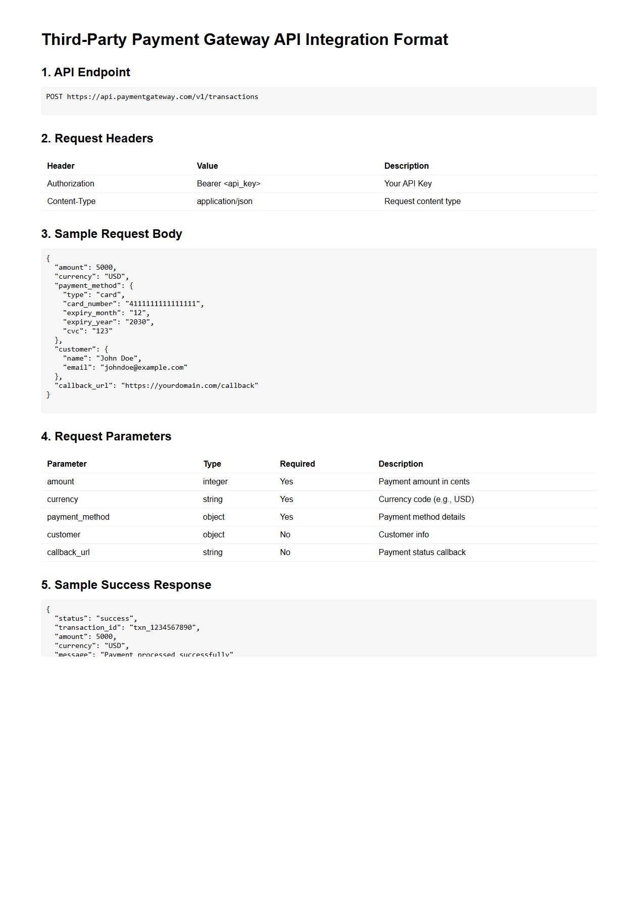 Third-Party Payment Gateway API Integration Format