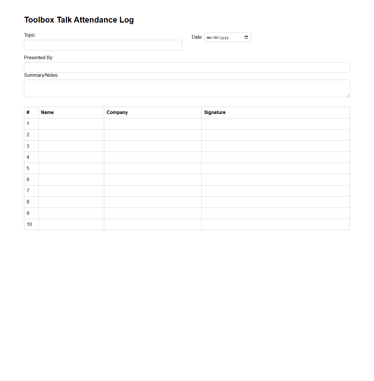Toolbox Talk Attendance Log