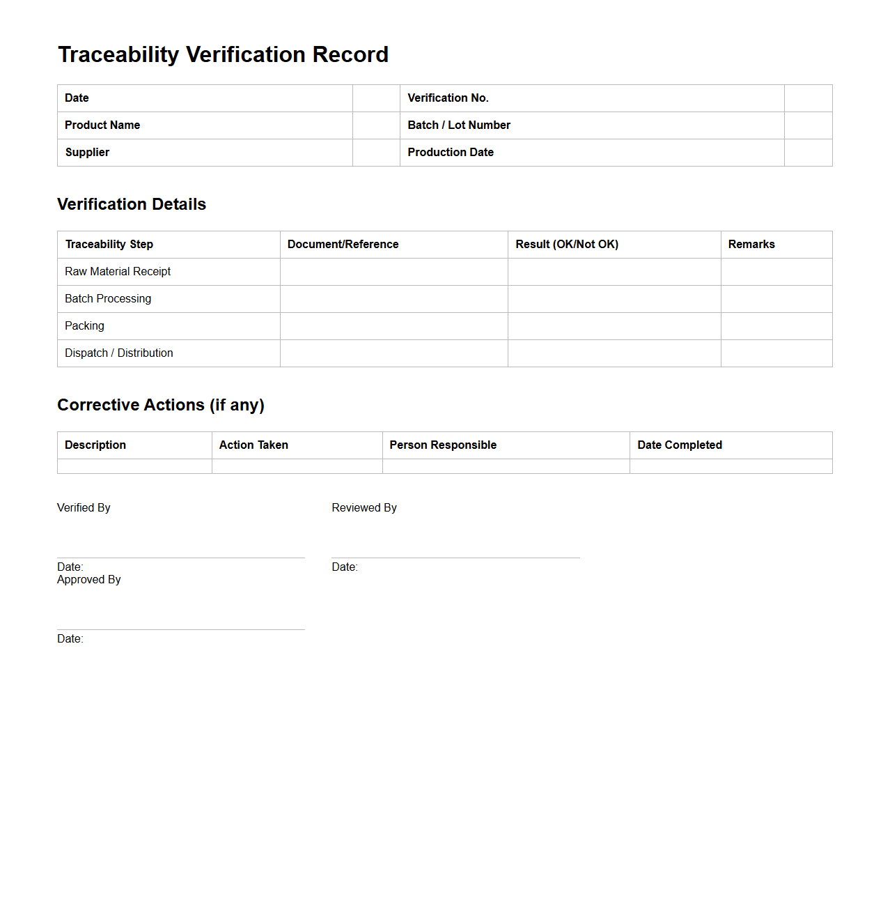 Traceability Verification Record for Food Quality Systems