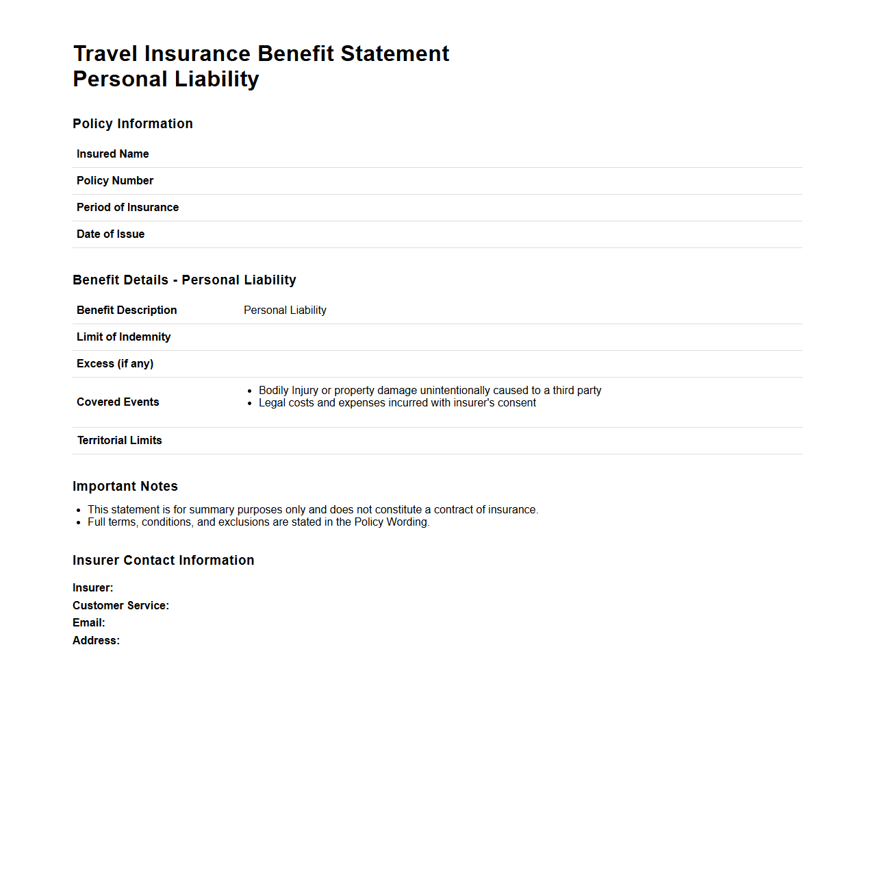 Travel Insurance Benefit Statement for Personal Liability