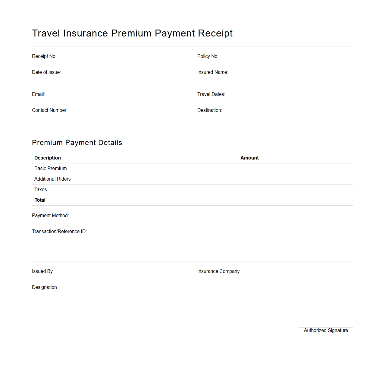 Travel Insurance Premium Payment Receipt Template