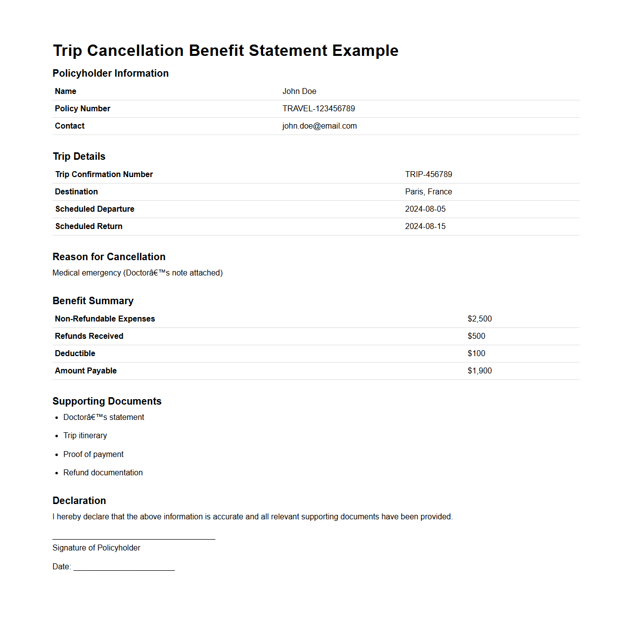 Trip Cancellation Benefit Statement Example