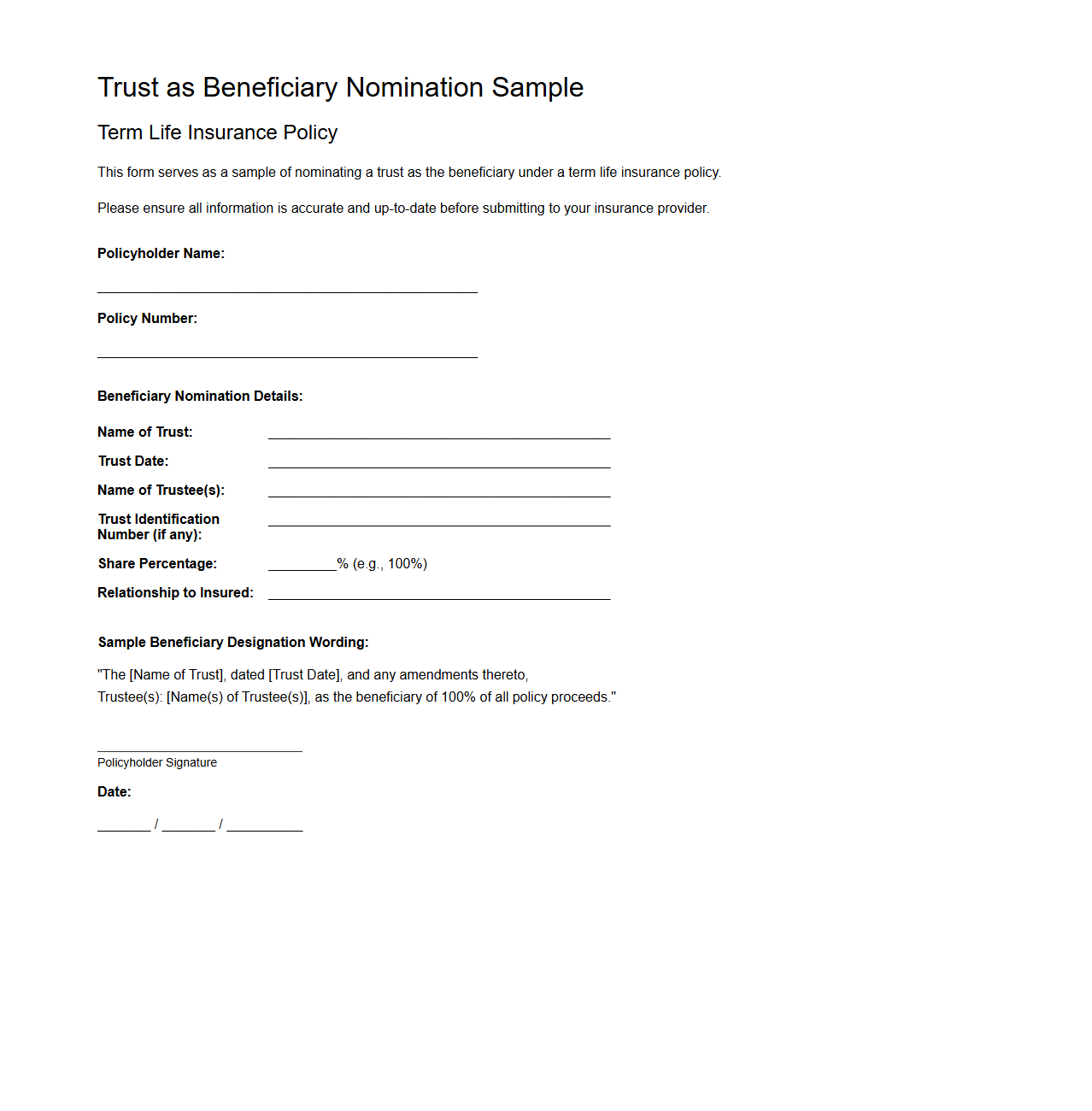 Trust as Beneficiary Nomination Sample for Term Life Insurance