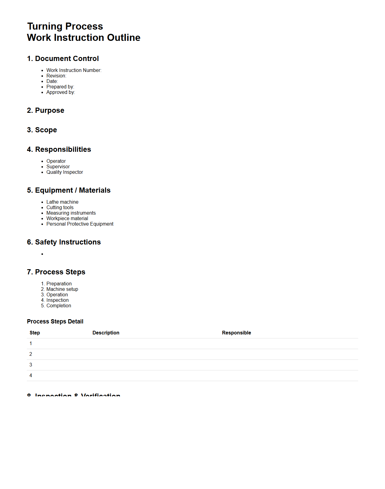 Turning Process Work Instruction Outline