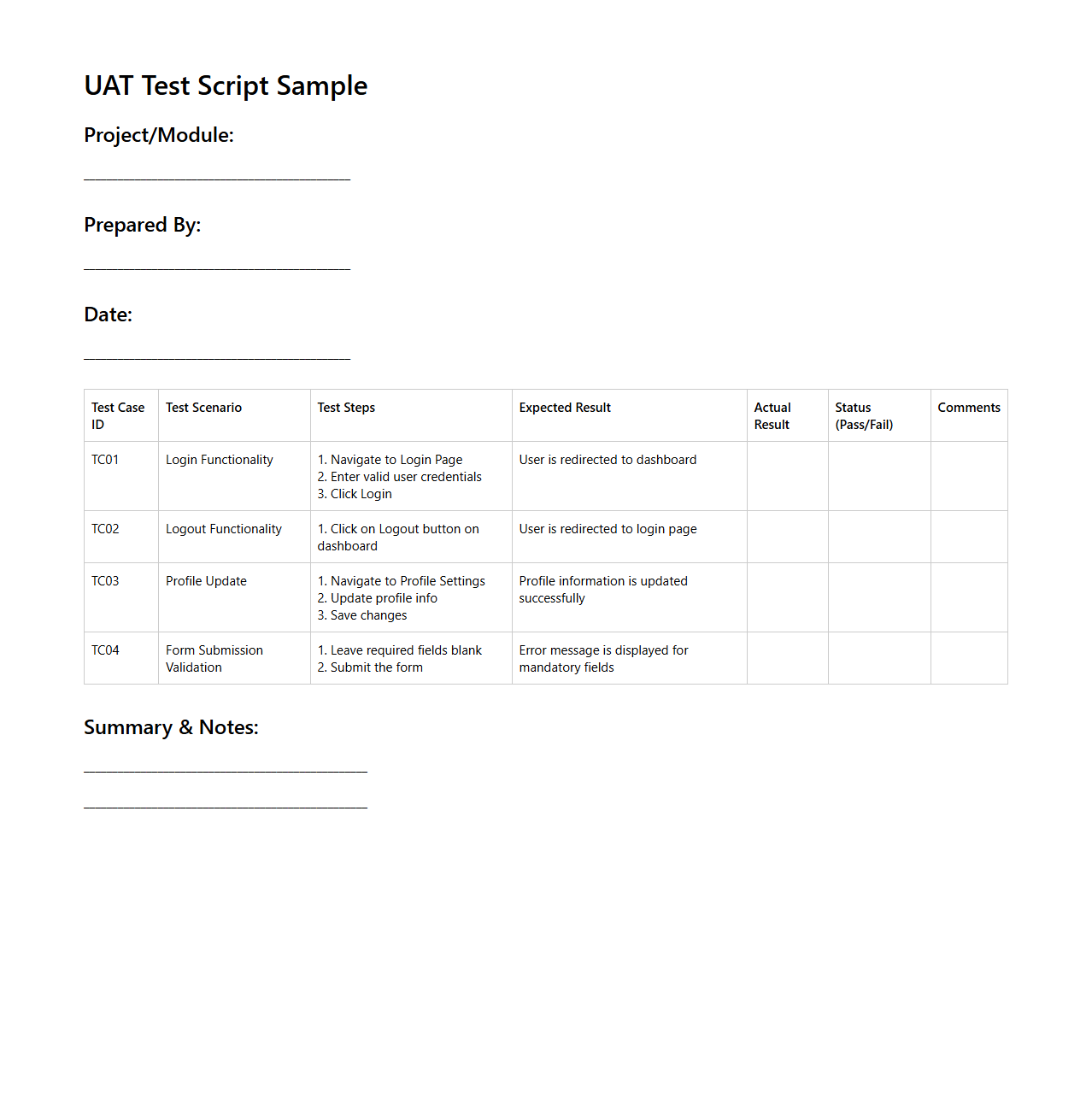 UAT Test Script Sample for Web Application Projects