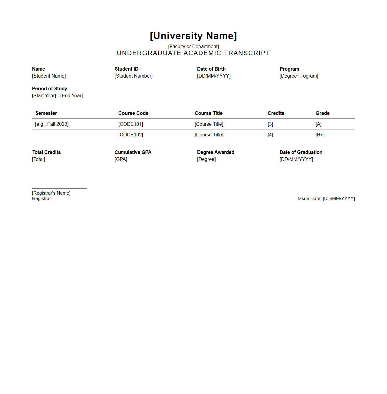 Undergraduate Academic Transcript Template