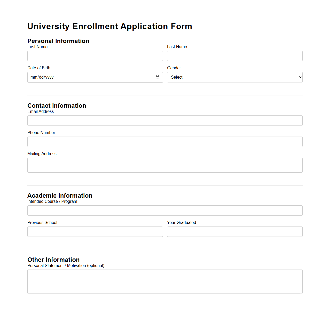 University Enrollment Application Form Template
