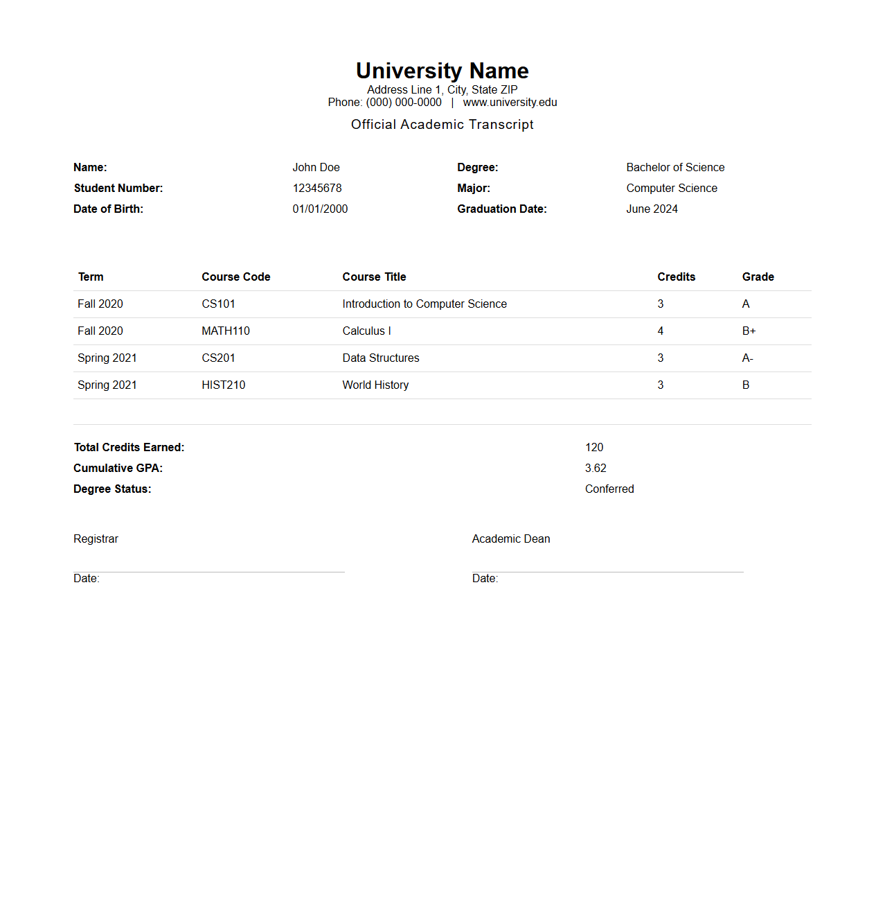 University Transcript Layout