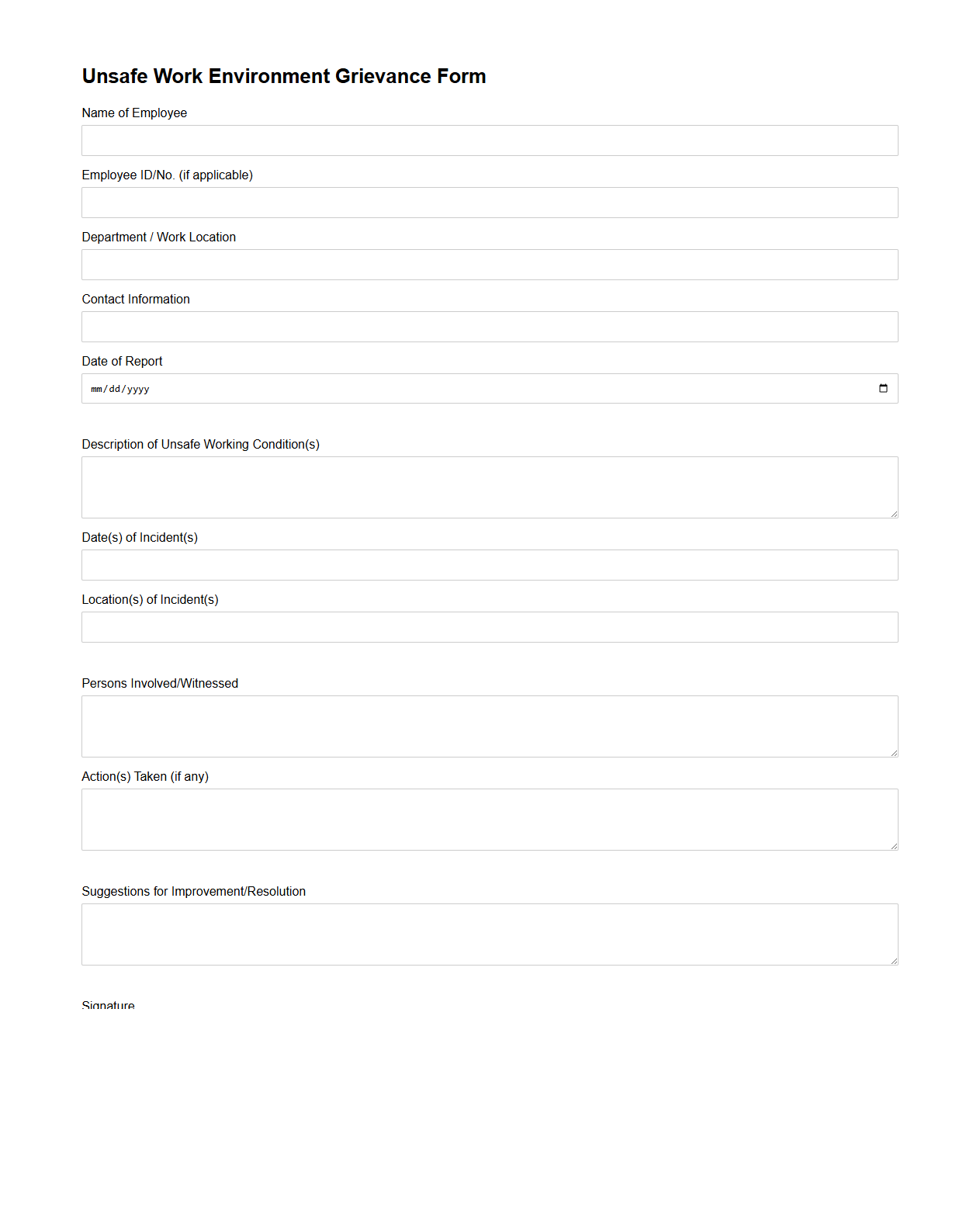 Unsafe Work Environment Grievance Form Format