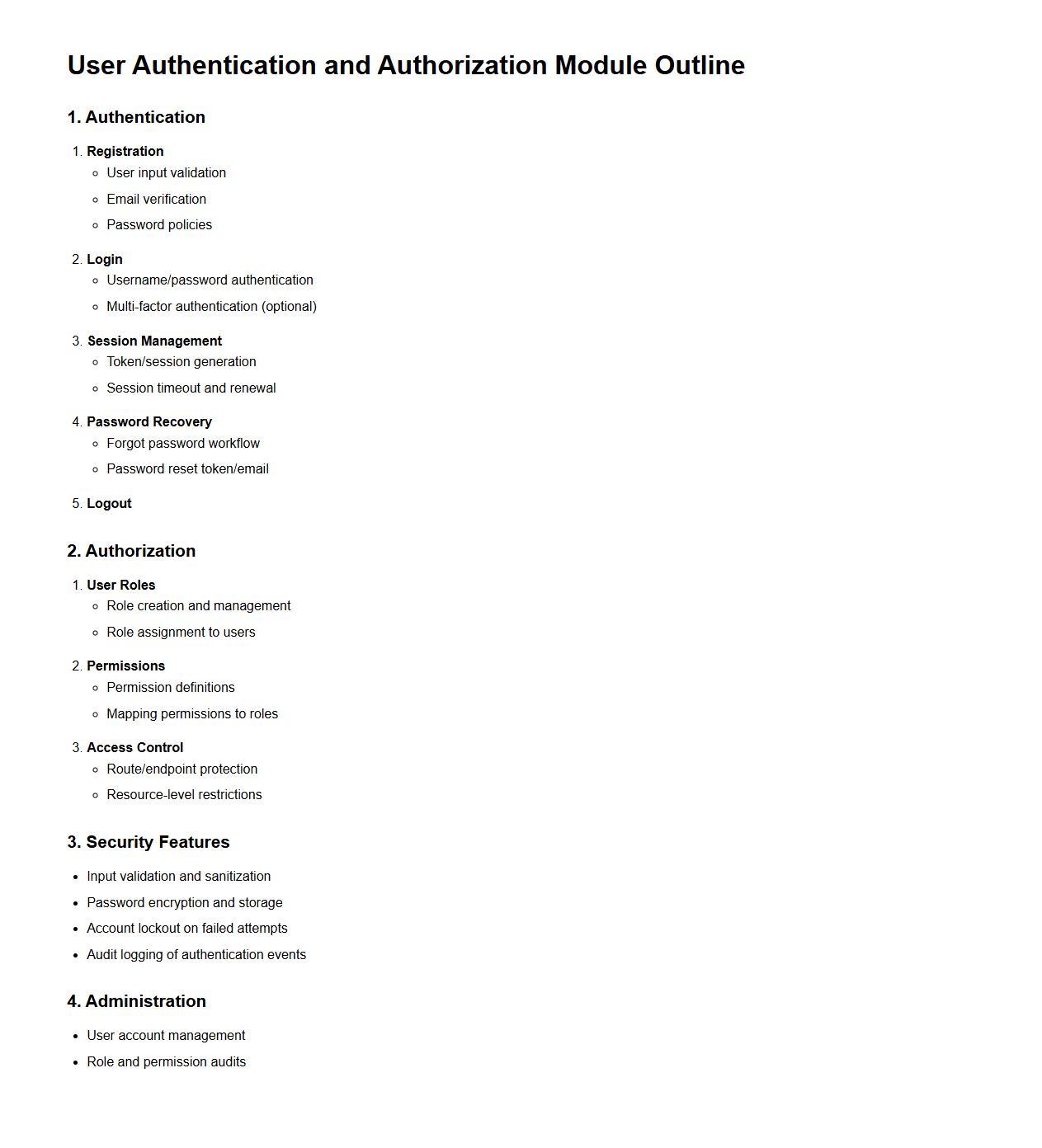 User Authentication and Authorization Module Outline