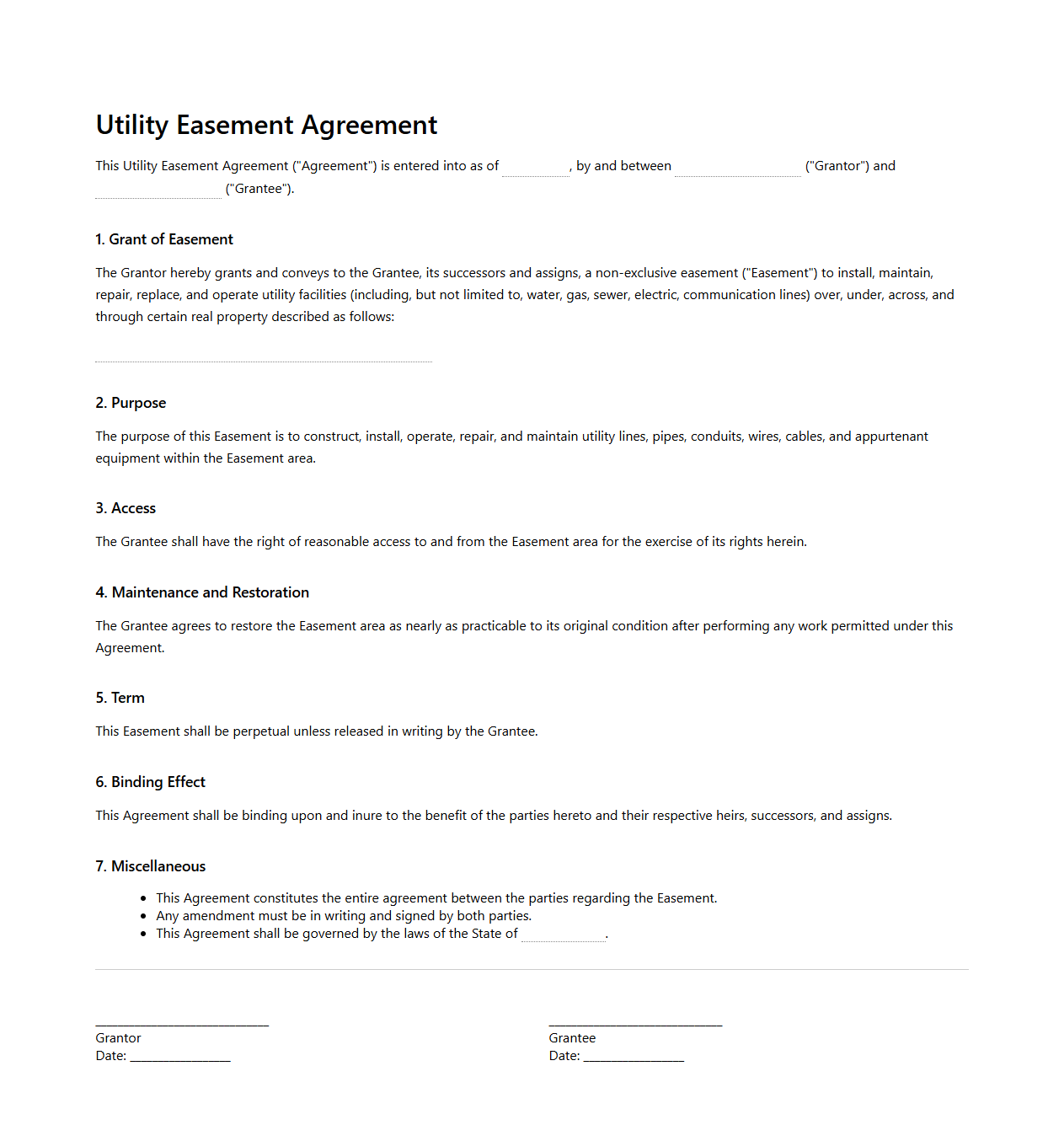 Utility Easement Agreement Template