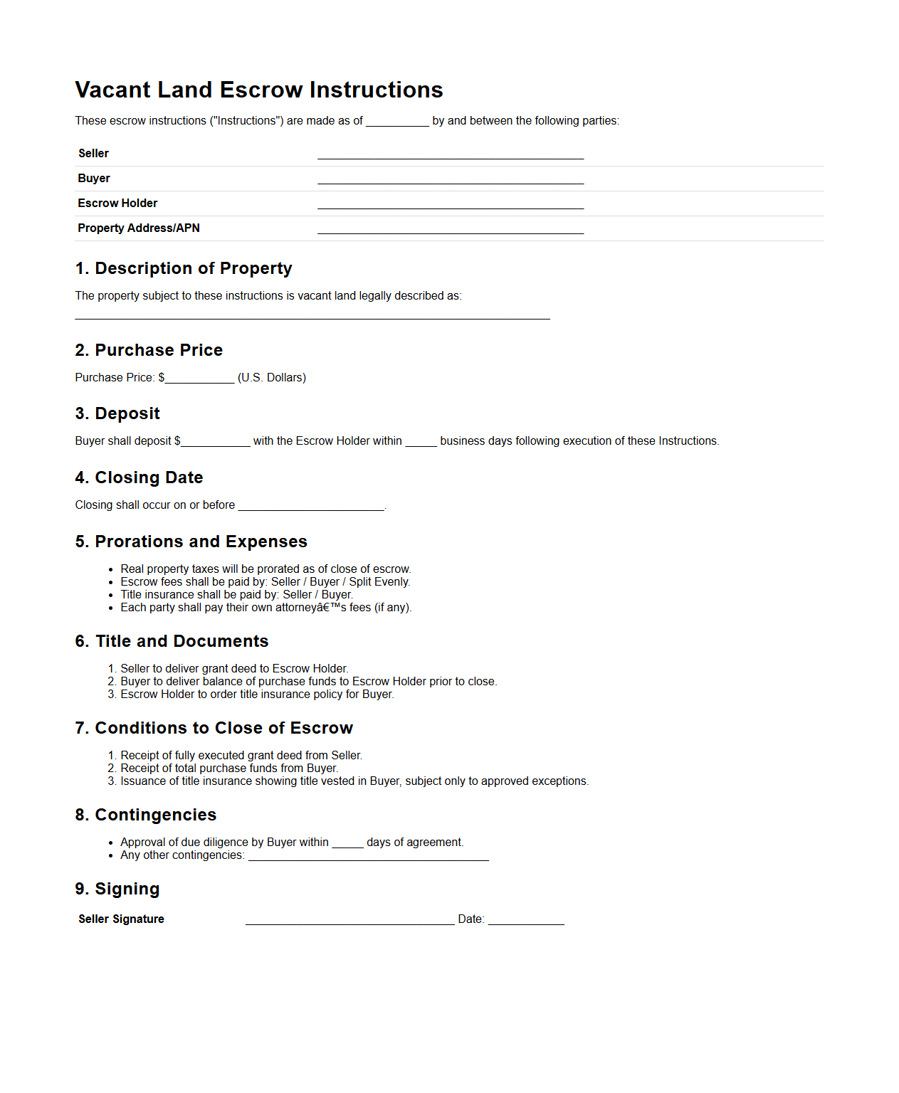 Vacant Land Escrow Instructions Example