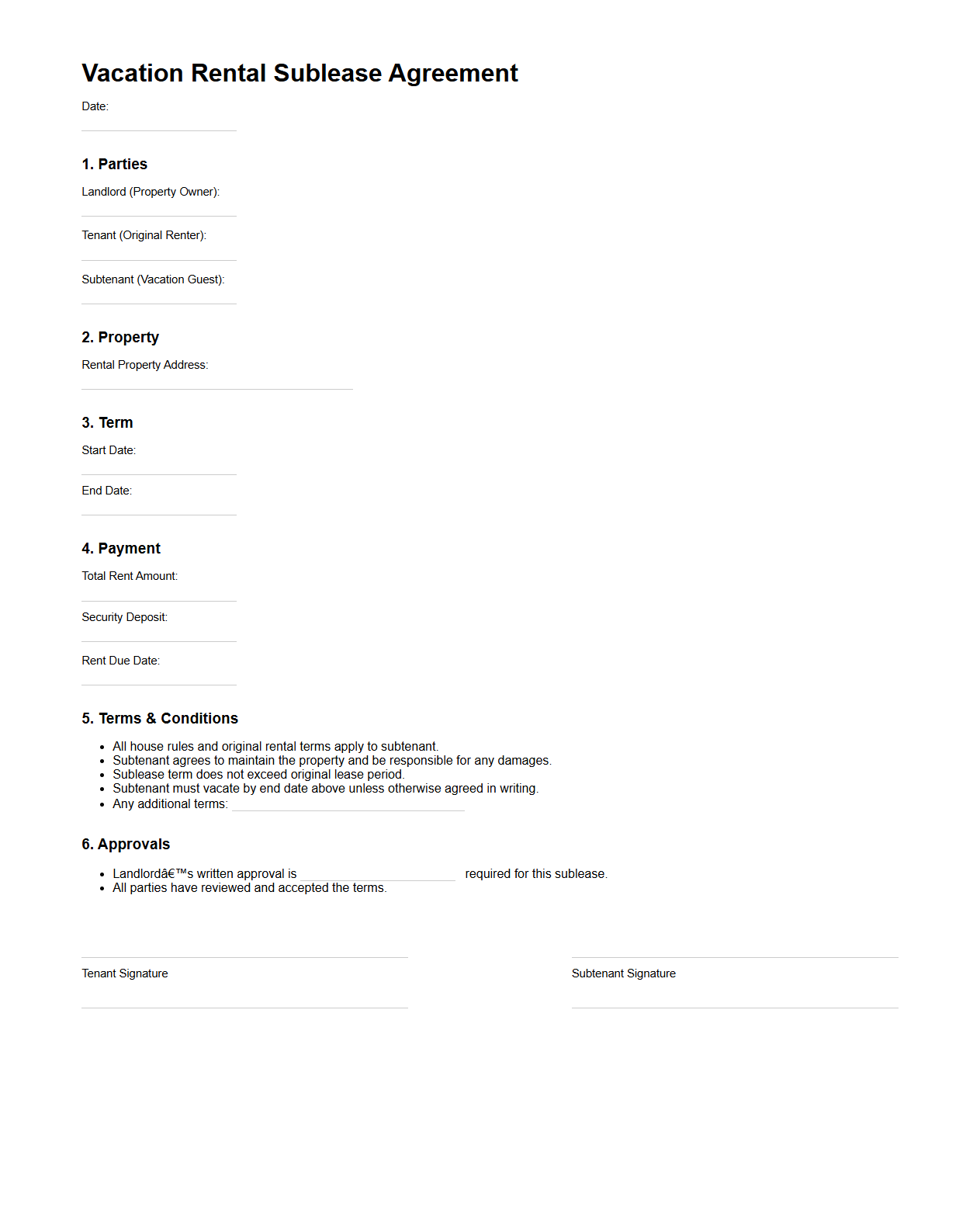Vacation Rental Sublease Document