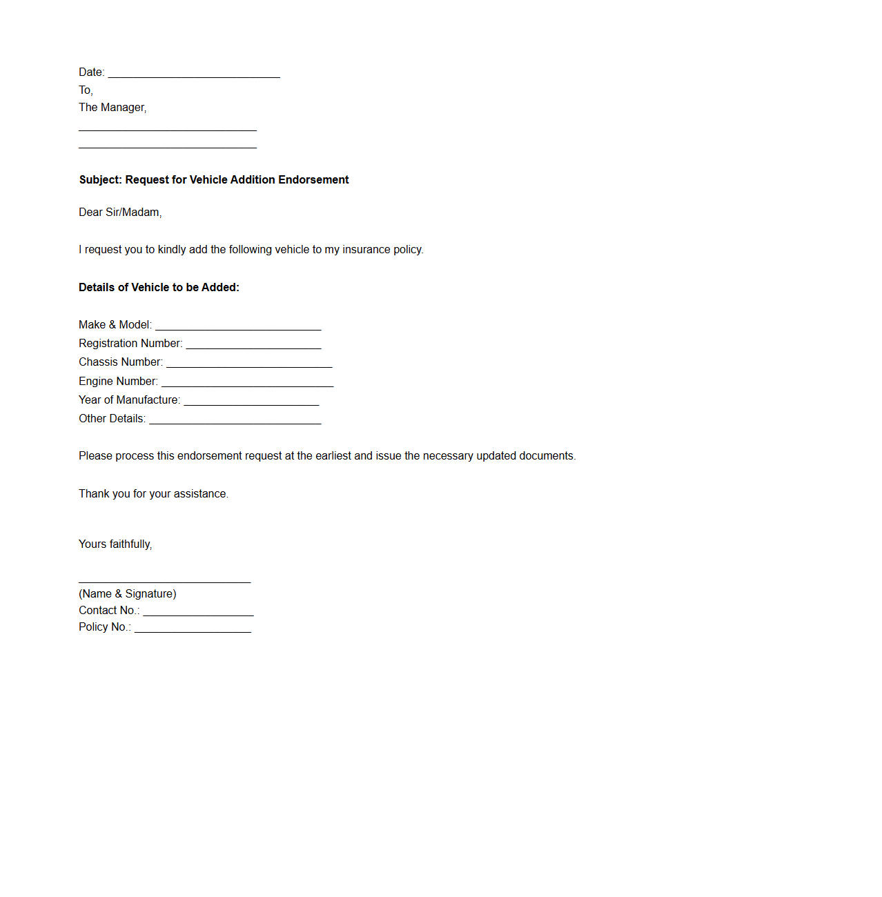 Vehicle Addition Endorsement Request Letter