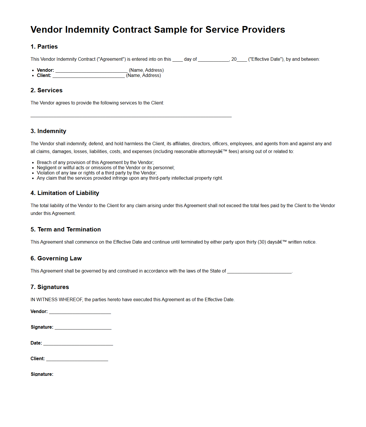 Vendor Indemnity Contract Sample for Service Providers