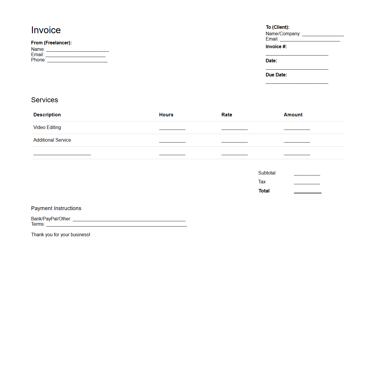 Video Editing Freelance Invoice Template