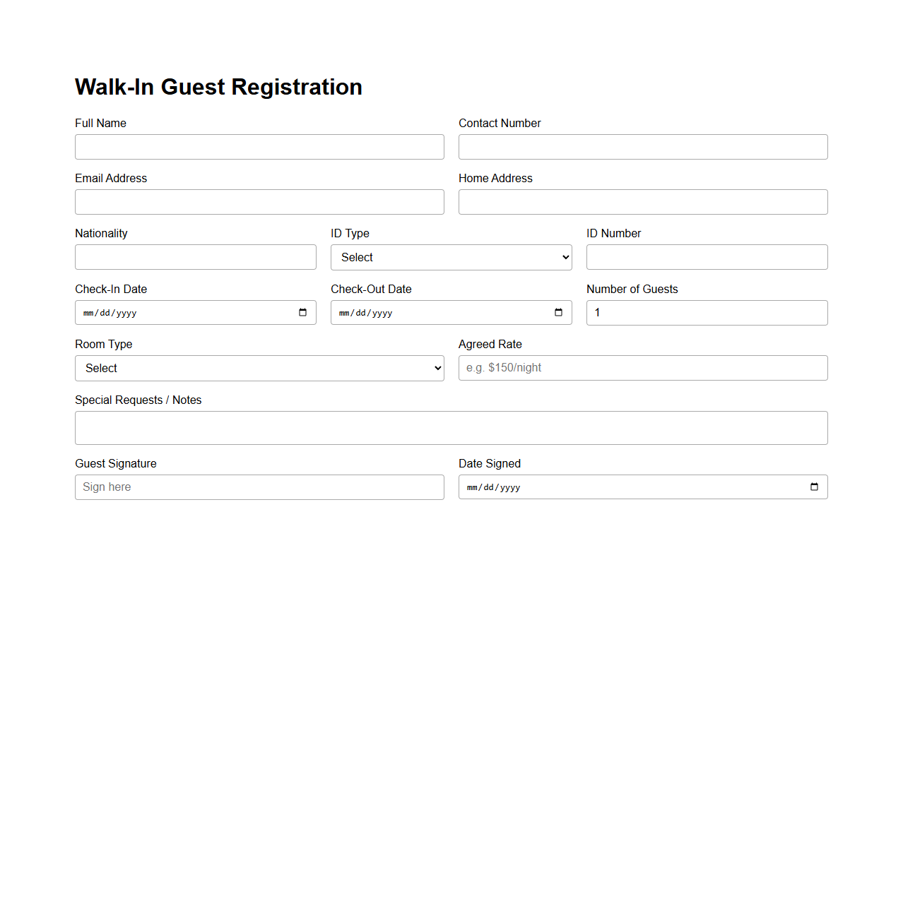 Walk-In Guest Registration Sample for Boutique Hotels