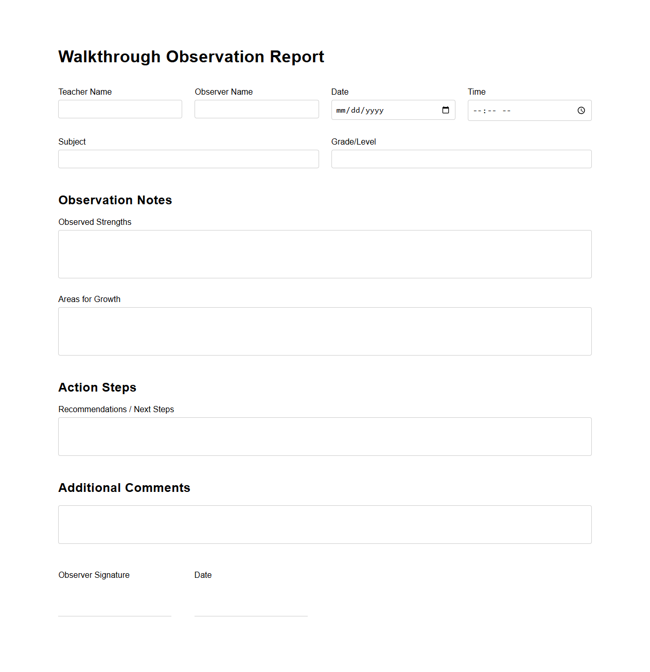 Walkthrough Observation Report for Teacher Feedback
