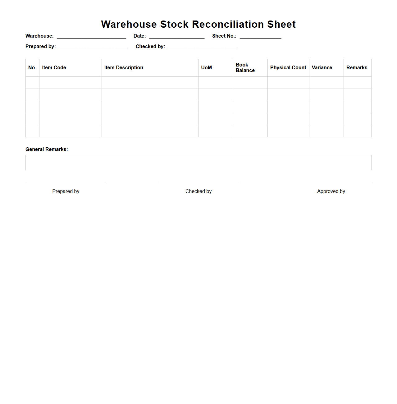 Warehouse Stock Reconciliation Sheet
