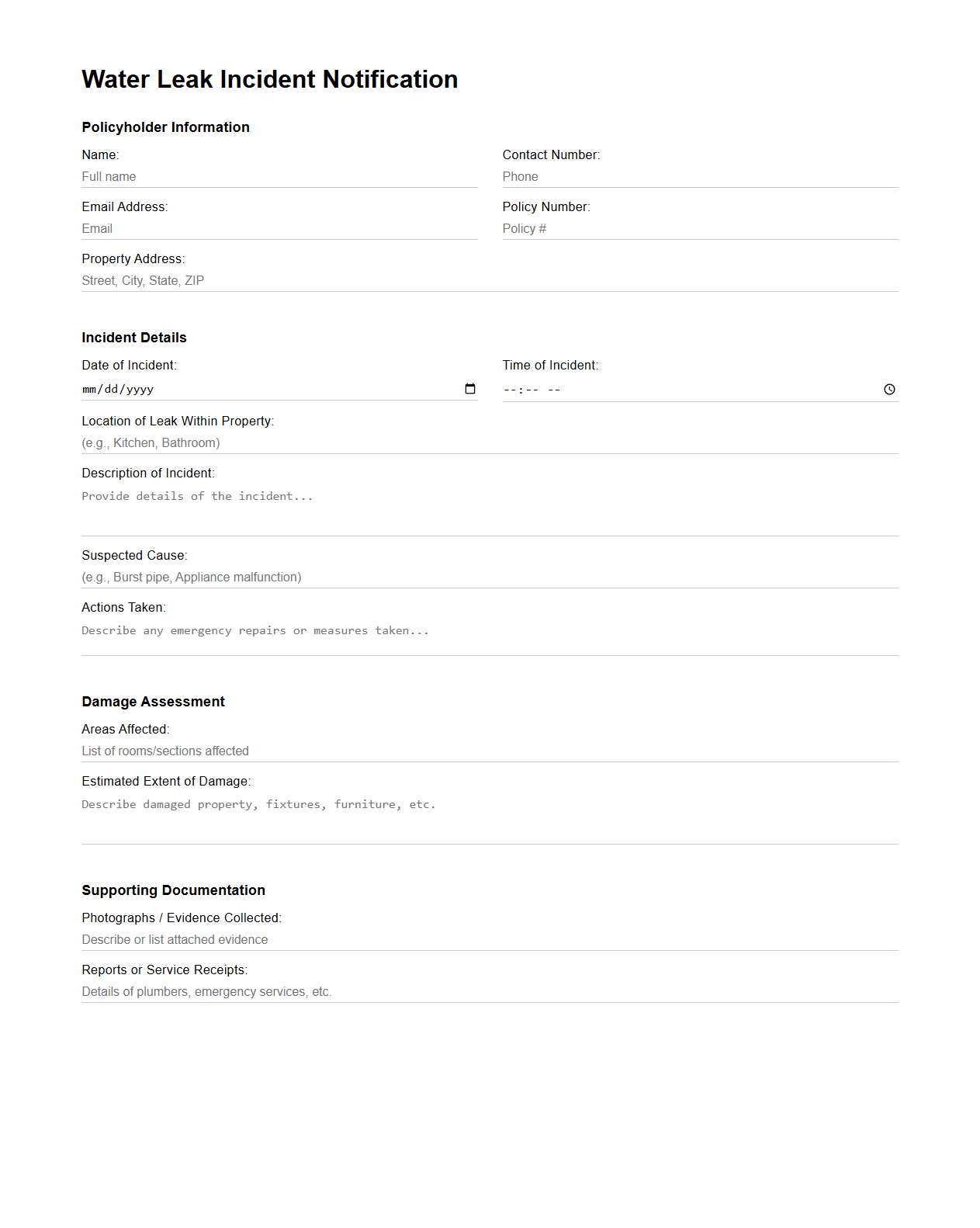 Water Leak Incident Notification Document for Property Insurance