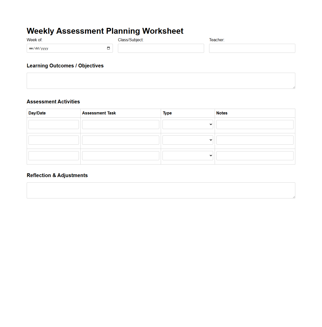 Weekly Assessment Planning Worksheet